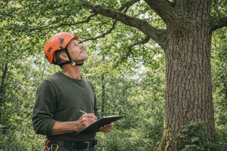 Faállapot-felmérés helyszínen, szakember munkában